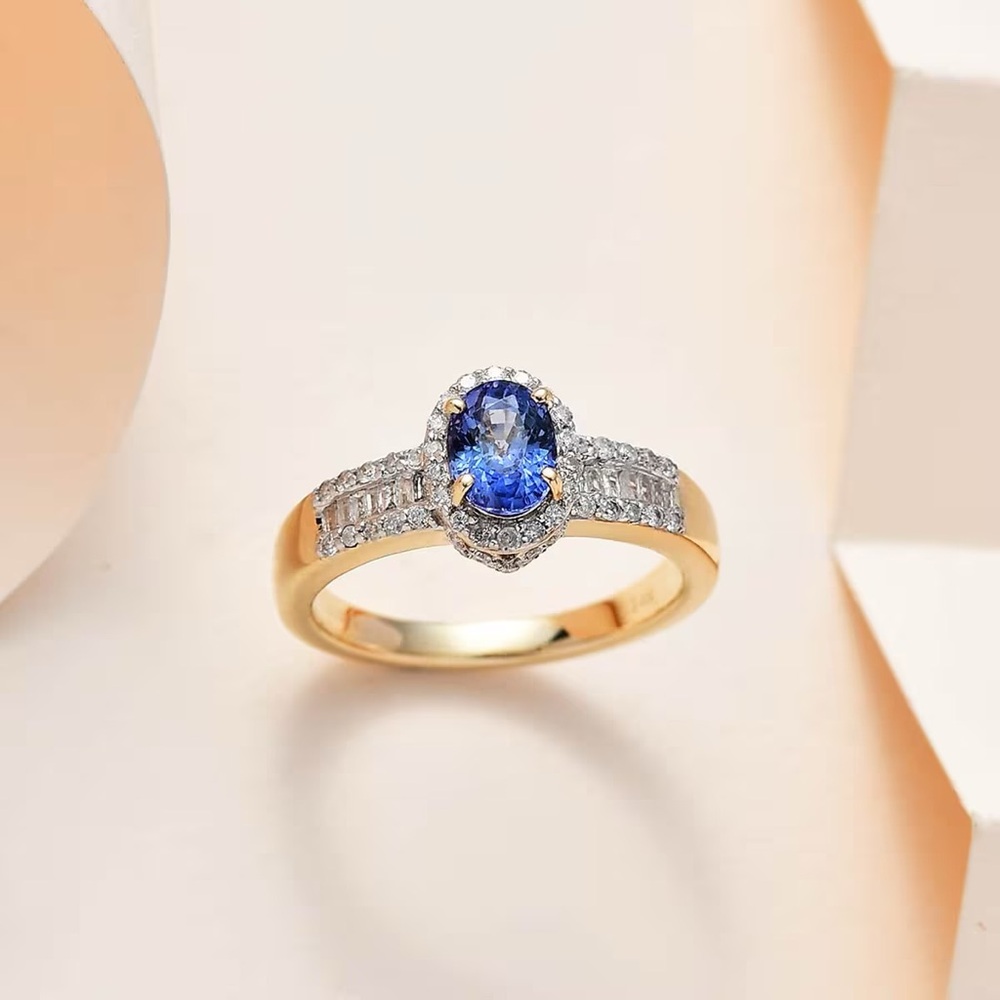 Luxoro 14K Yellow Gold AAA Ceylon Blue Sapphire and G-H I3 Diamond Ring 1.50 ctw - Picture 2 of 13